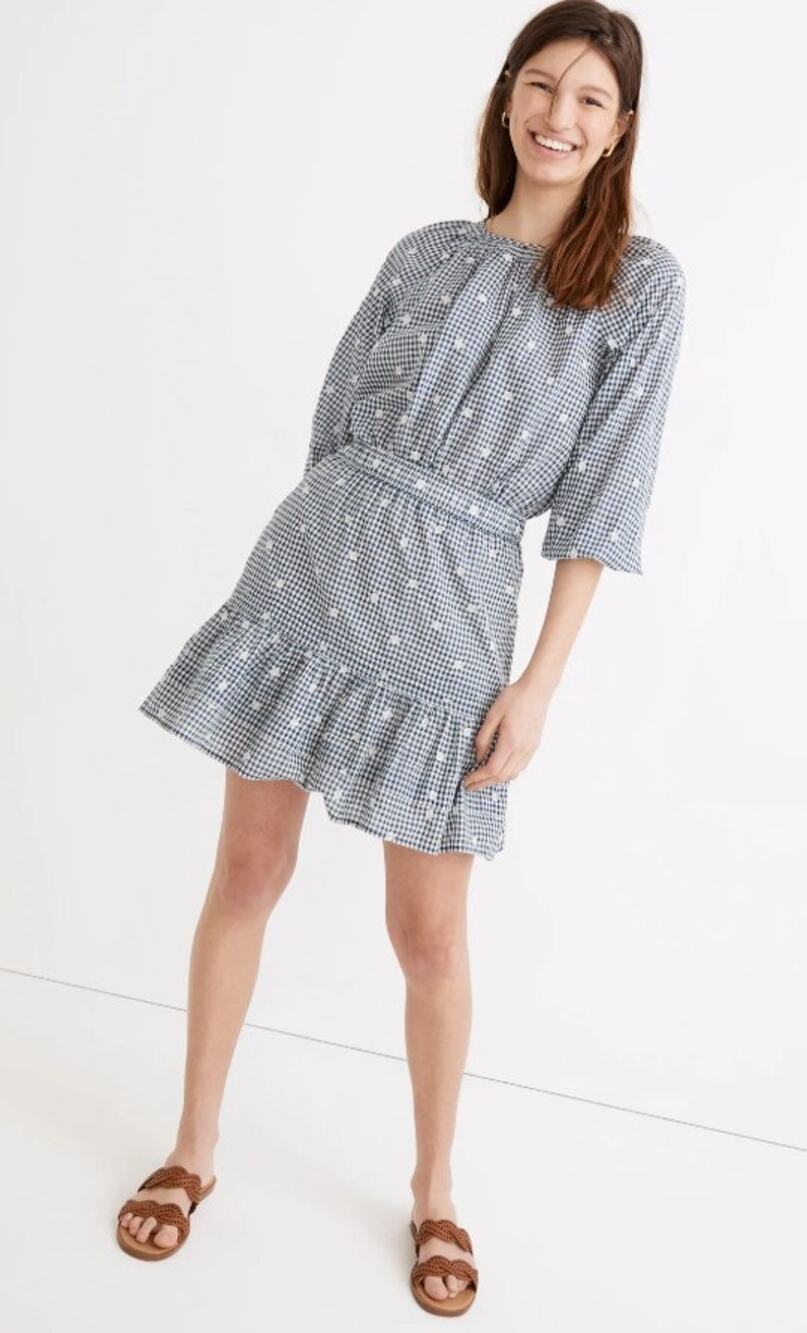 Madewell Embroidered Tiered Mini Skirt Gingham Check Navy Blue Medium NE699 NWT